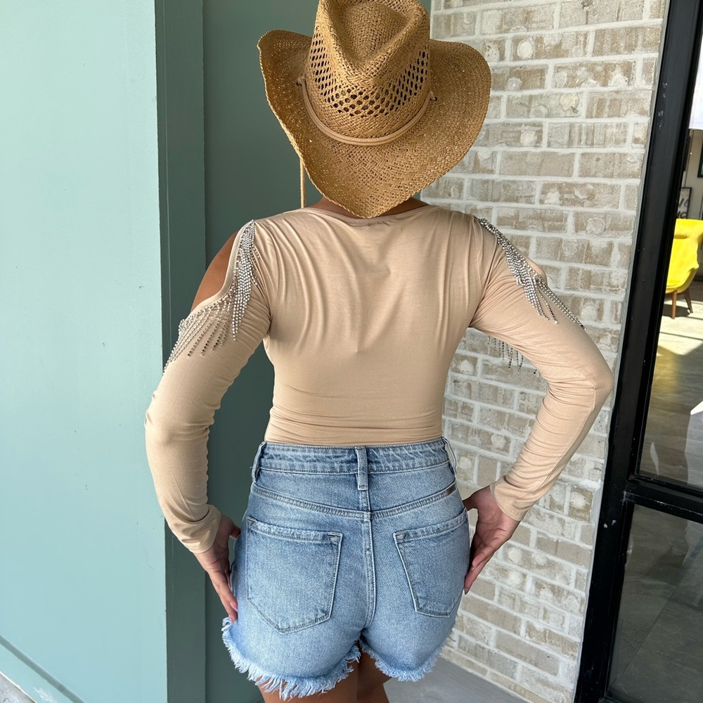 Beige Cold Shoulder Top with Fringe Detail - Picture 4 of 4